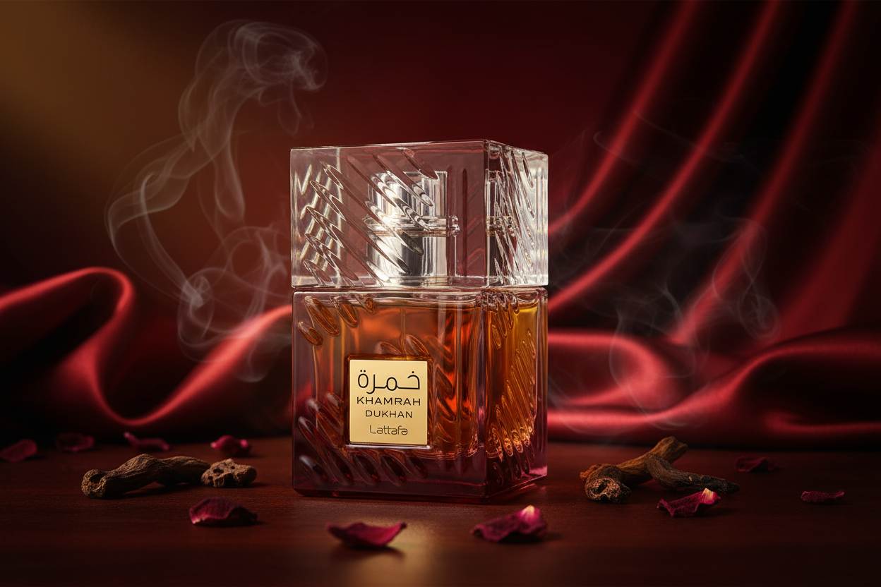 Frasco de eau de parfum Lattafa con vidrio facetado y líquido ámbar
