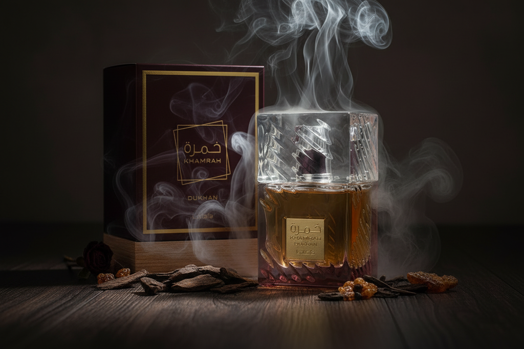 Caja y frasco Eau de Parfum Lattafa Khamrah Dukhan 100 ml, vidrio ámbar