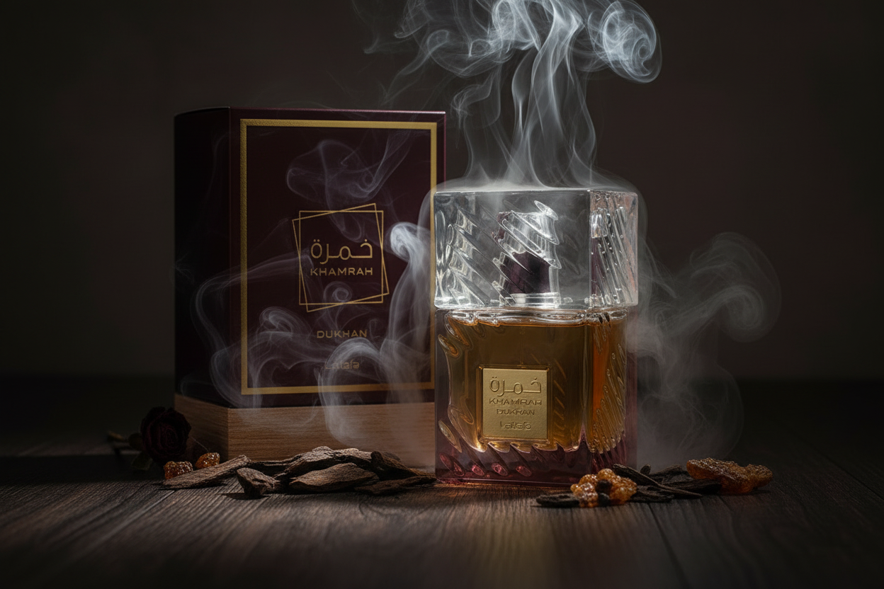 Caja y frasco Eau de Parfum Lattafa Khamrah Dukhan 100 ml, vidrio ámbar