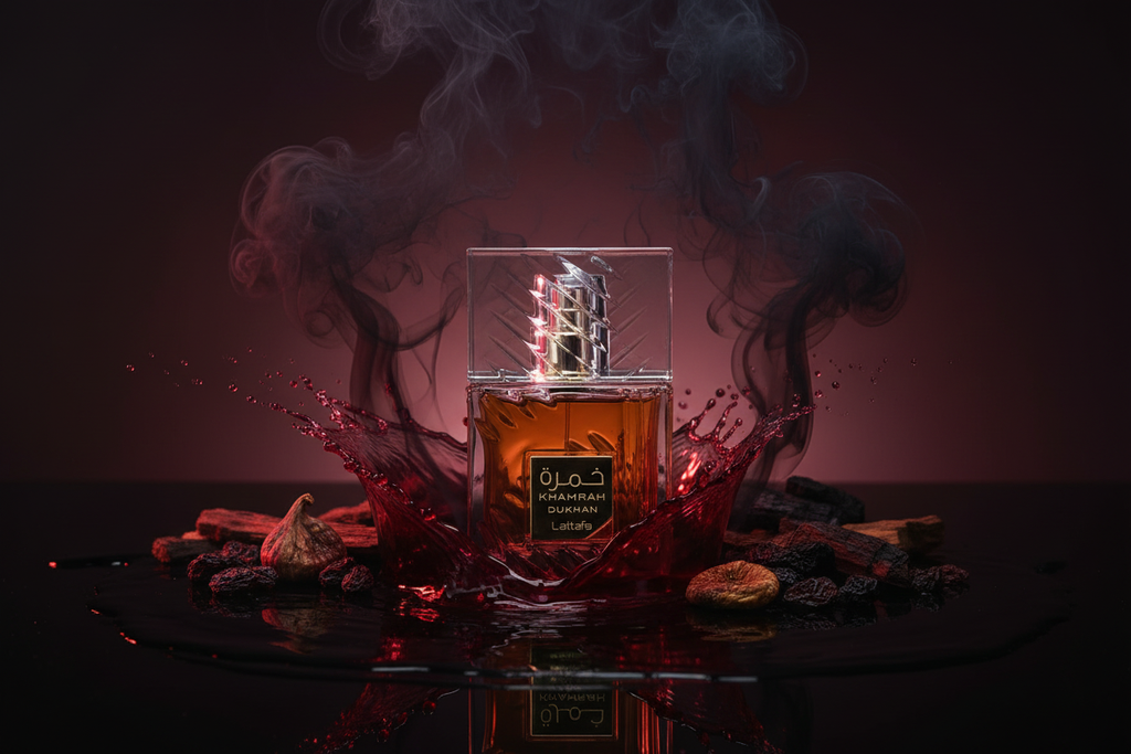 Frasco de Eau de Parfum Lattafa Khamrah Dukhan 100 ml, vidrio ámbar