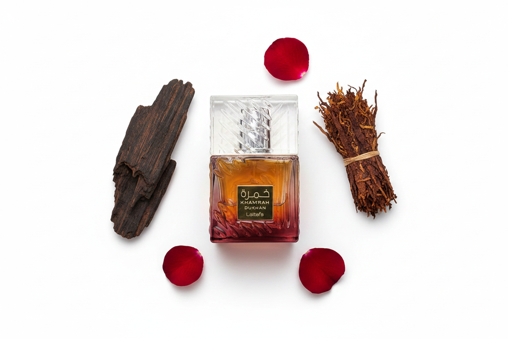 Eau de parfum Lattafa Khamrah Dukhan en frasco de vidrio facetado ámbar