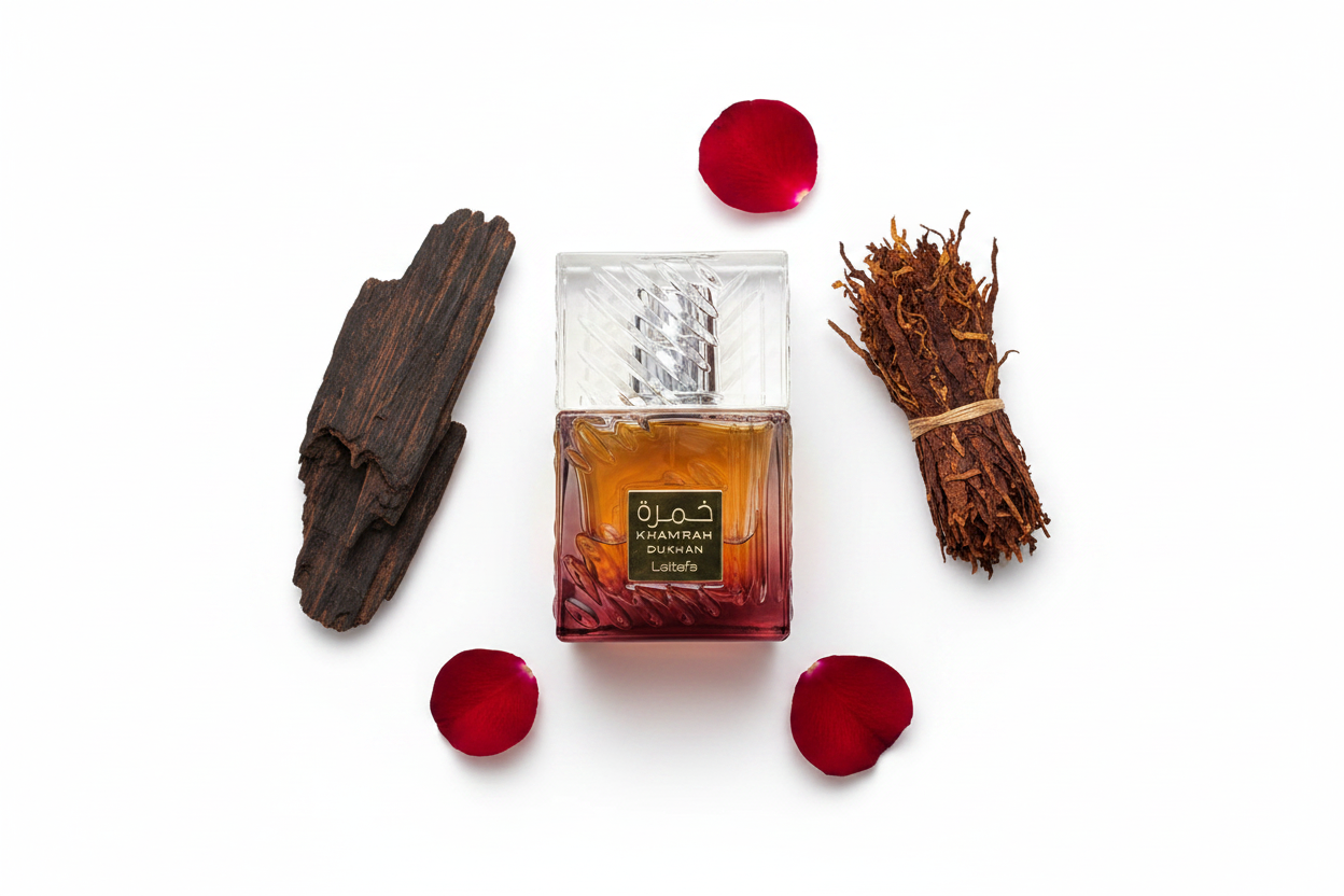 Eau de parfum Lattafa Khamrah Dukhan en frasco de vidrio facetado ámbar