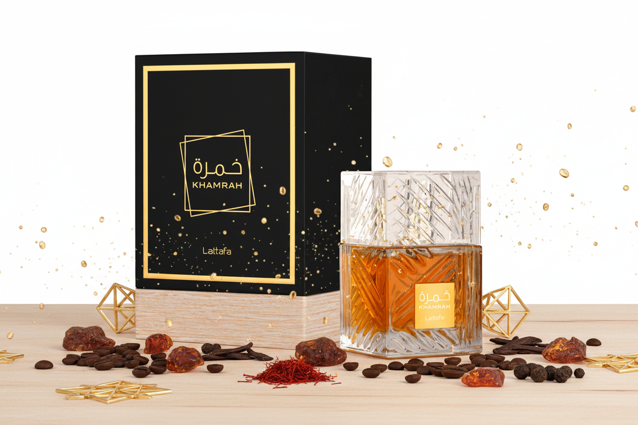 Botella de Eau de Parfum Lattafa Khamrah 100 ml con caja