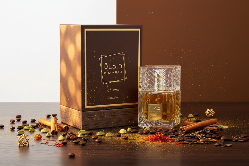Perfume Lattafa Khamrah Qahwa: frasco de vidrio con atomizador y caja