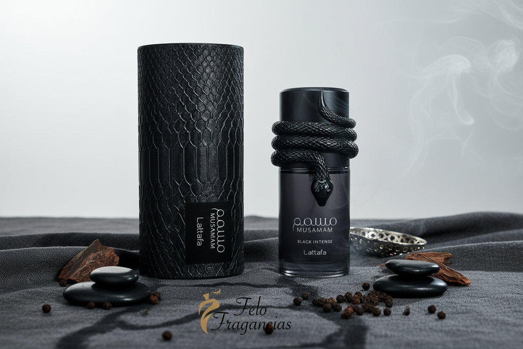 Fragancia Eau de Parfum Lattafa Musamam Black Intense en frasco negro de 100 ml.