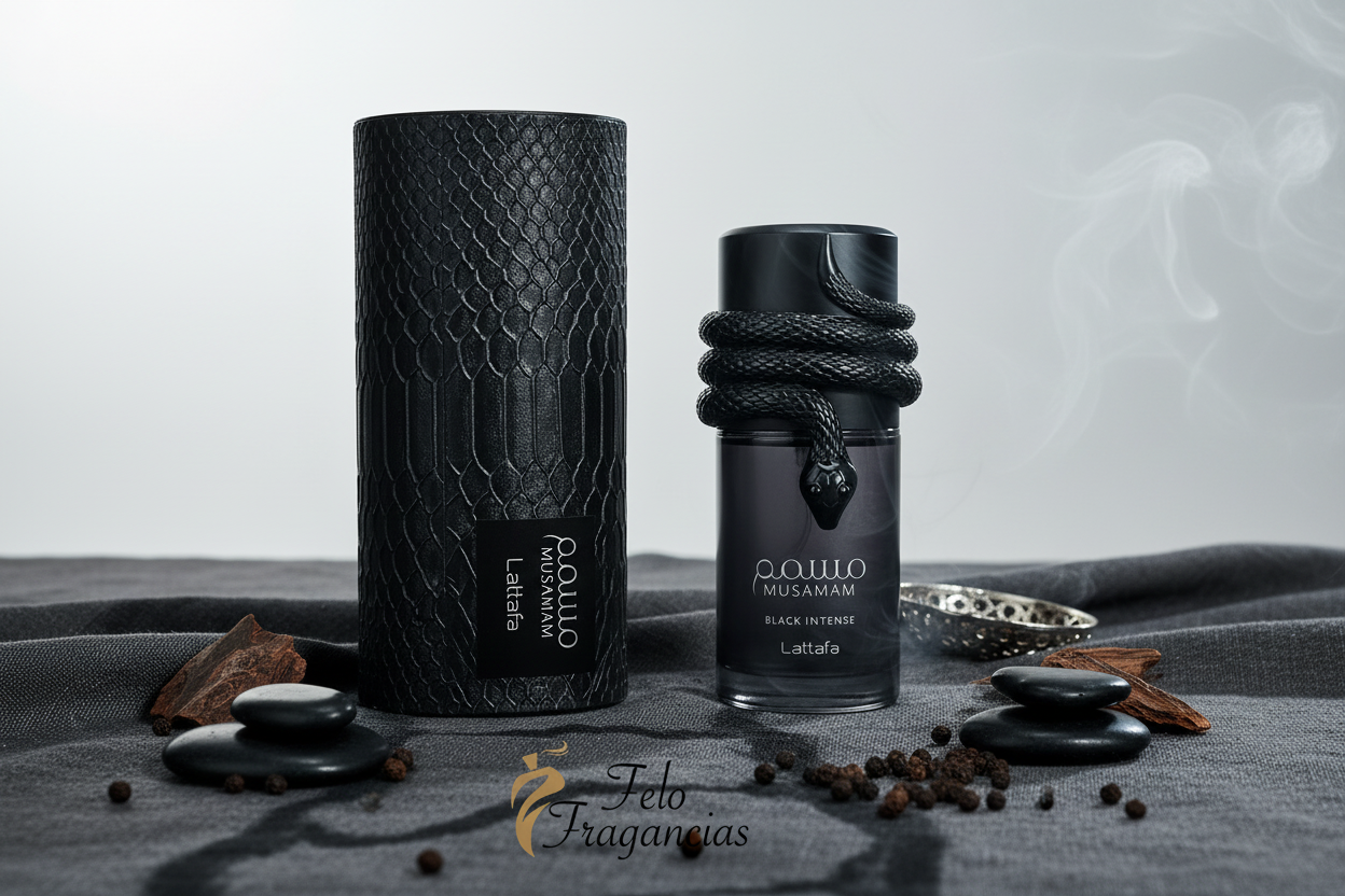 Fragancia Eau de Parfum Lattafa Musamam Black Intense en frasco negro de 100 ml.