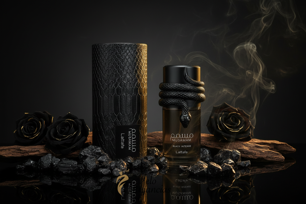 Frasco de eau de parfum negro y dorado con rosas negras y humo alrededor.