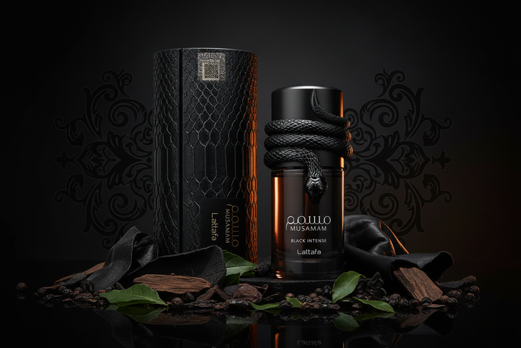 Frasco de eau de parfum negro con tapa metálica, con estuche tipo piel y hojas.