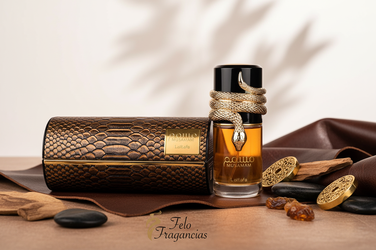 Perfume Lattafa en frasco ámbar con tapa negra y estuche de cuero oscuro
