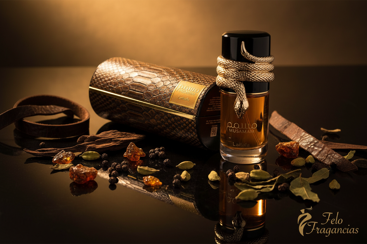 Botella de perfume Lattafa Musamam 100 ml con tapa negra y acabado dorado
