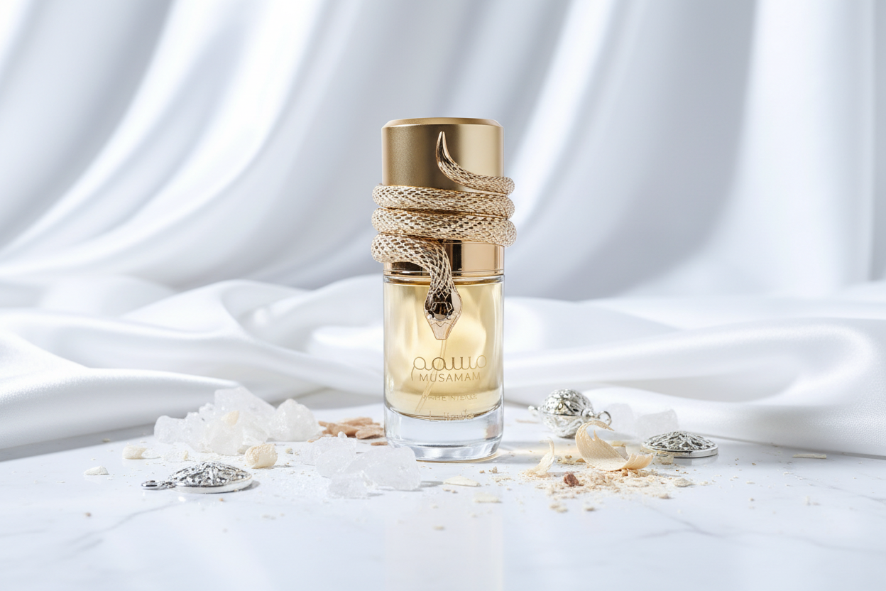 Frasco de Eau de Parfum Lattafa Musamam ámbar con tapa dorada y cuerda