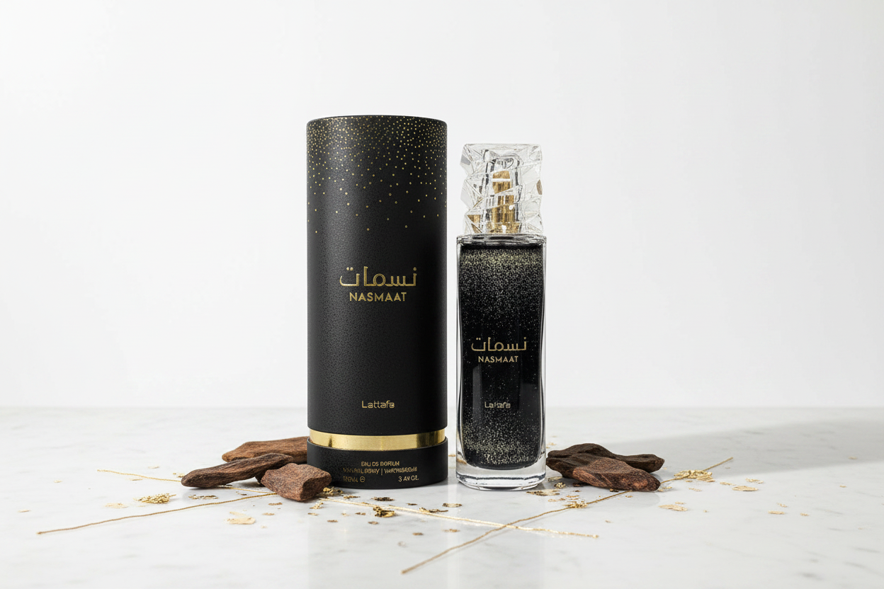 Perfume Lattafa Nasmaat en spray 100 ml con frasco transparente y estuche negro