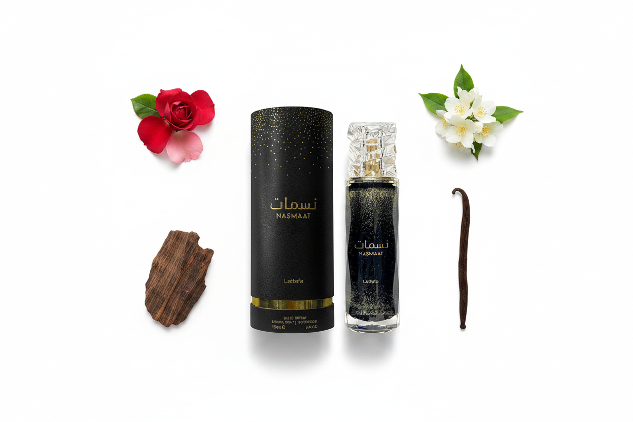 Perfume Lattafa Nasmaat en botella de vidrio y estuche cilíndrico, 100 ml