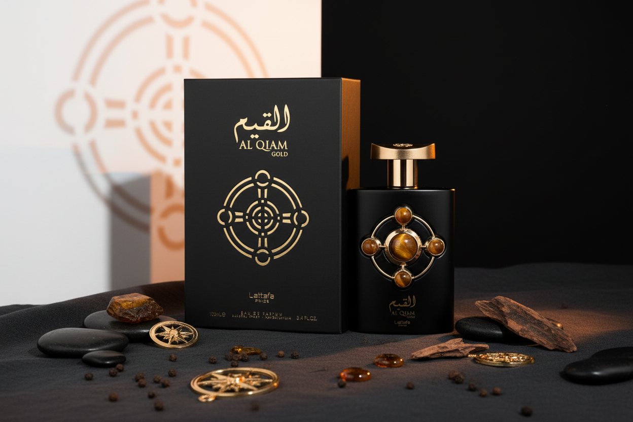 Perfume Lattafa Al Qiam Gold: frasco negro con tapa dorada y caja negra con logo