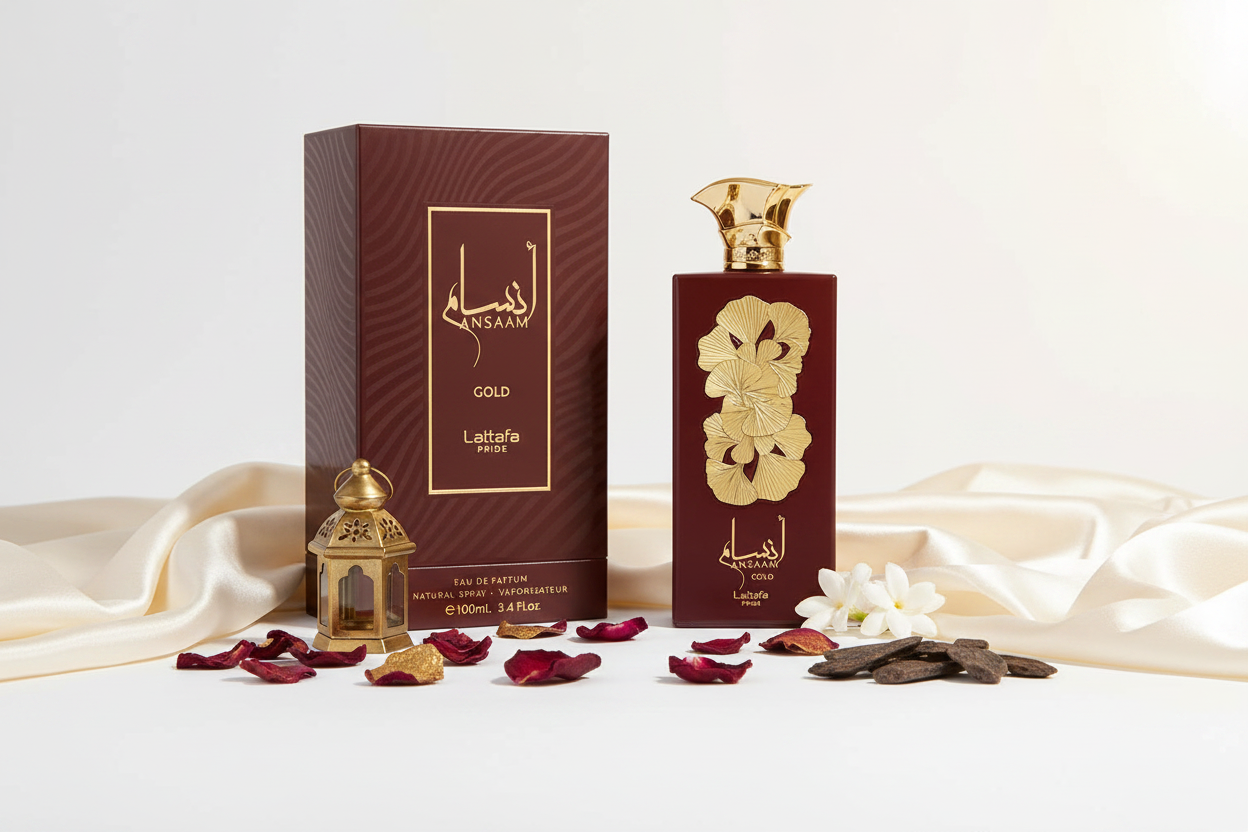 Perfume Gold Eau de Parfum 100 ml con caja y frasco dorado y burdeos