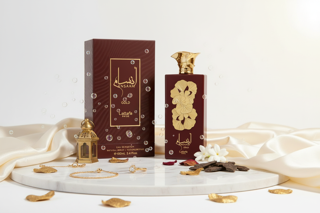 Perfume Lattafa Pride Ansaam Gold: frasco y caja con detalles dorados