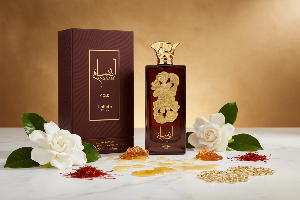 Perfume Lattafa Pride Ansaam Gold: frasco rectangular con tapa dorada y caja