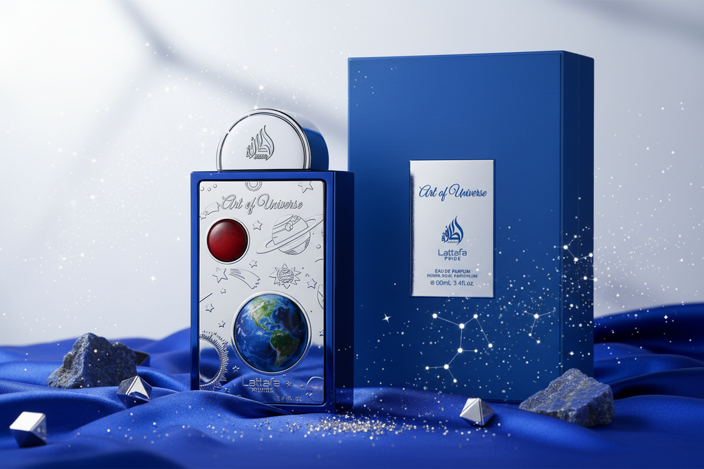 Perfume Lattafa Art Of Universe: botella y caja azul con etiqueta blanca y detalles ilustrados.