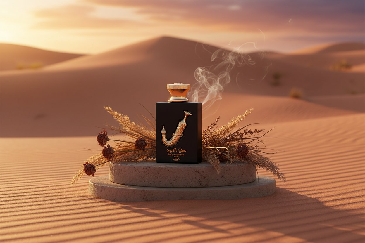 Frasco de Eau de Parfum con base negra y tapa dorada sobre un pedestal