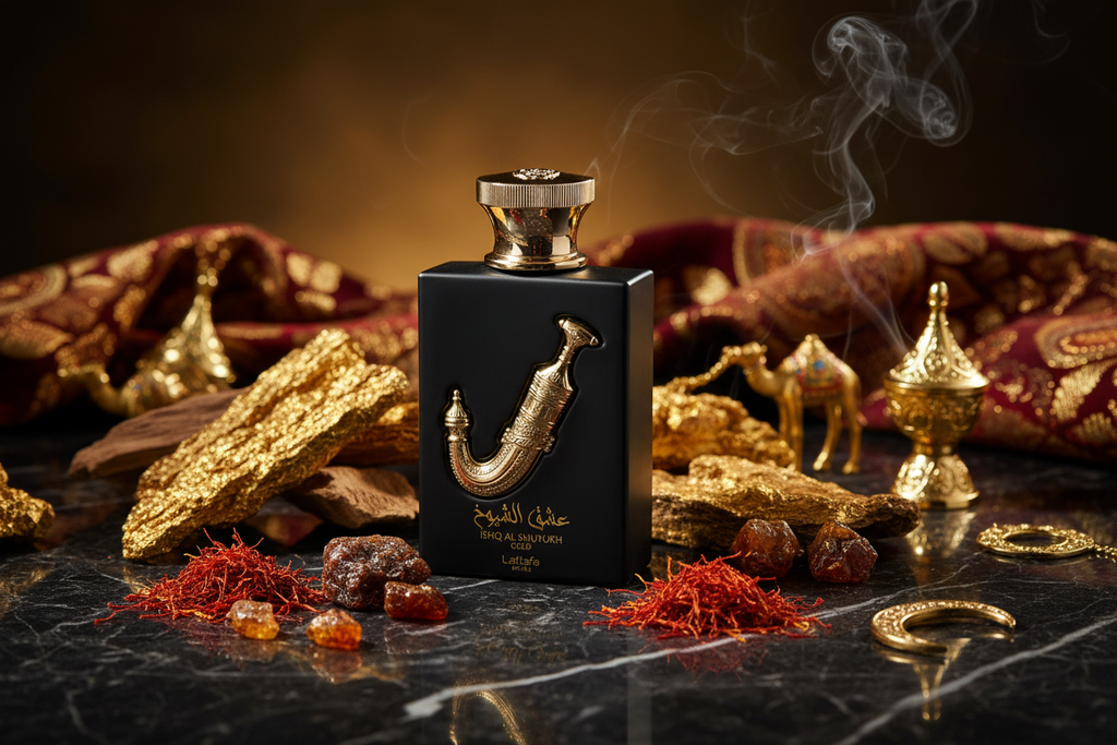 Frasco de Eau de Parfum negro con tapa dorada y humo sobre superficie oscura