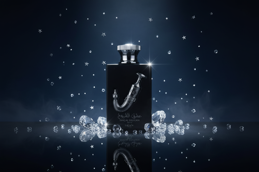 Eau de parfum Lattafa Pride Ishq Al Shuyukh, frasco negro con detalles plateados