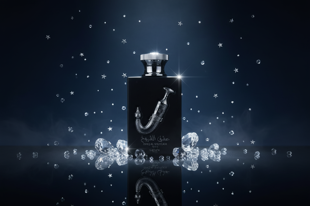 Eau de parfum Lattafa Pride Ishq Al Shuyukh, frasco negro con detalles plateados