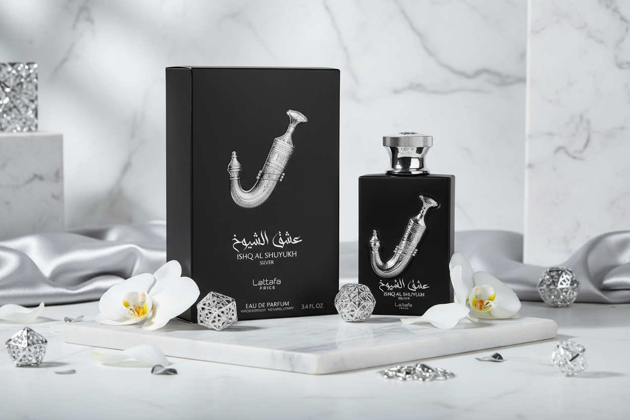 Juego Eau de parfum Lattafa Pride Ishq Al Shuyukh: frasco negro y caja negra
