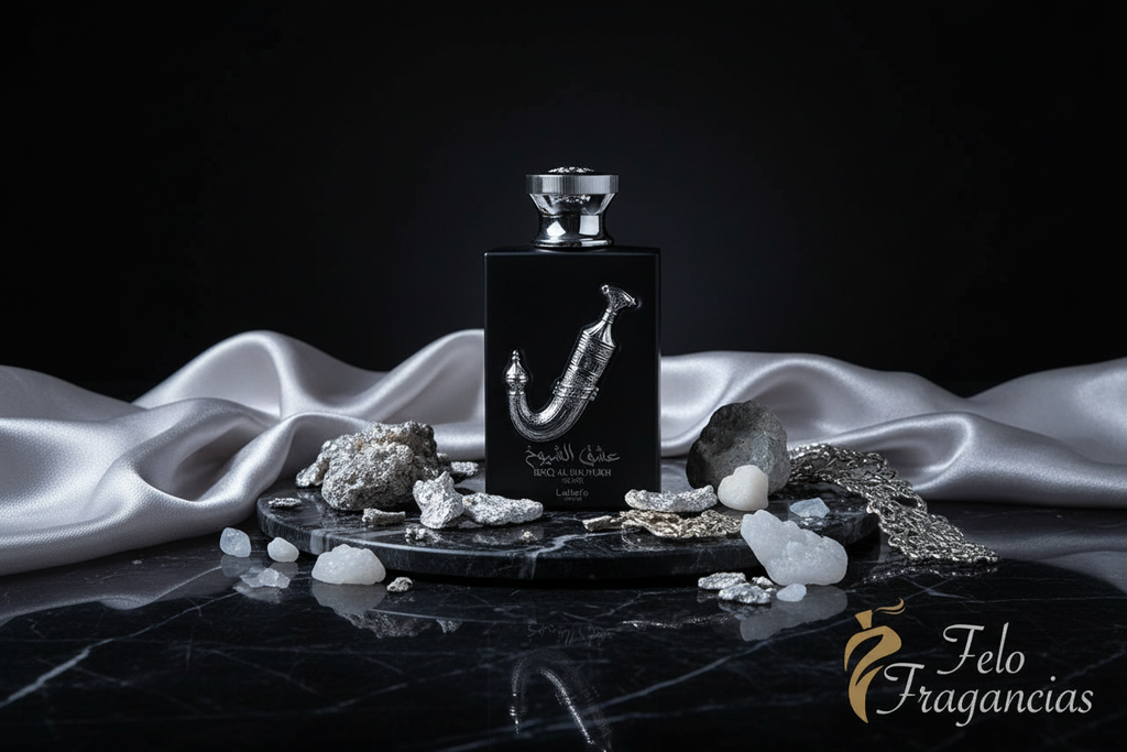 Eau de parfum Lattafa Pride Ishq Al Shuyukh, frasco negro con tapa plateada