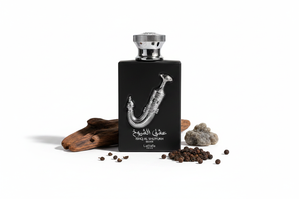 Lattafa Pride Ishq Al Shuyukh Silver — Notes Flat Lay
