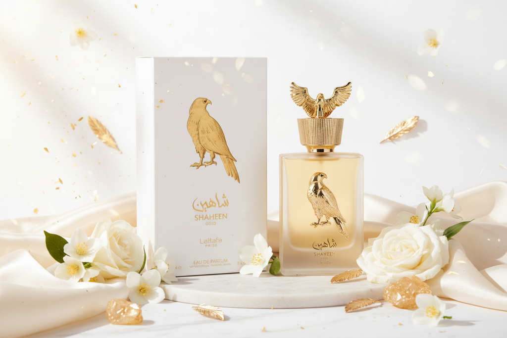Perfume Lattafa Shaheen Gold, frasco dorado con tapa y caja blanca.