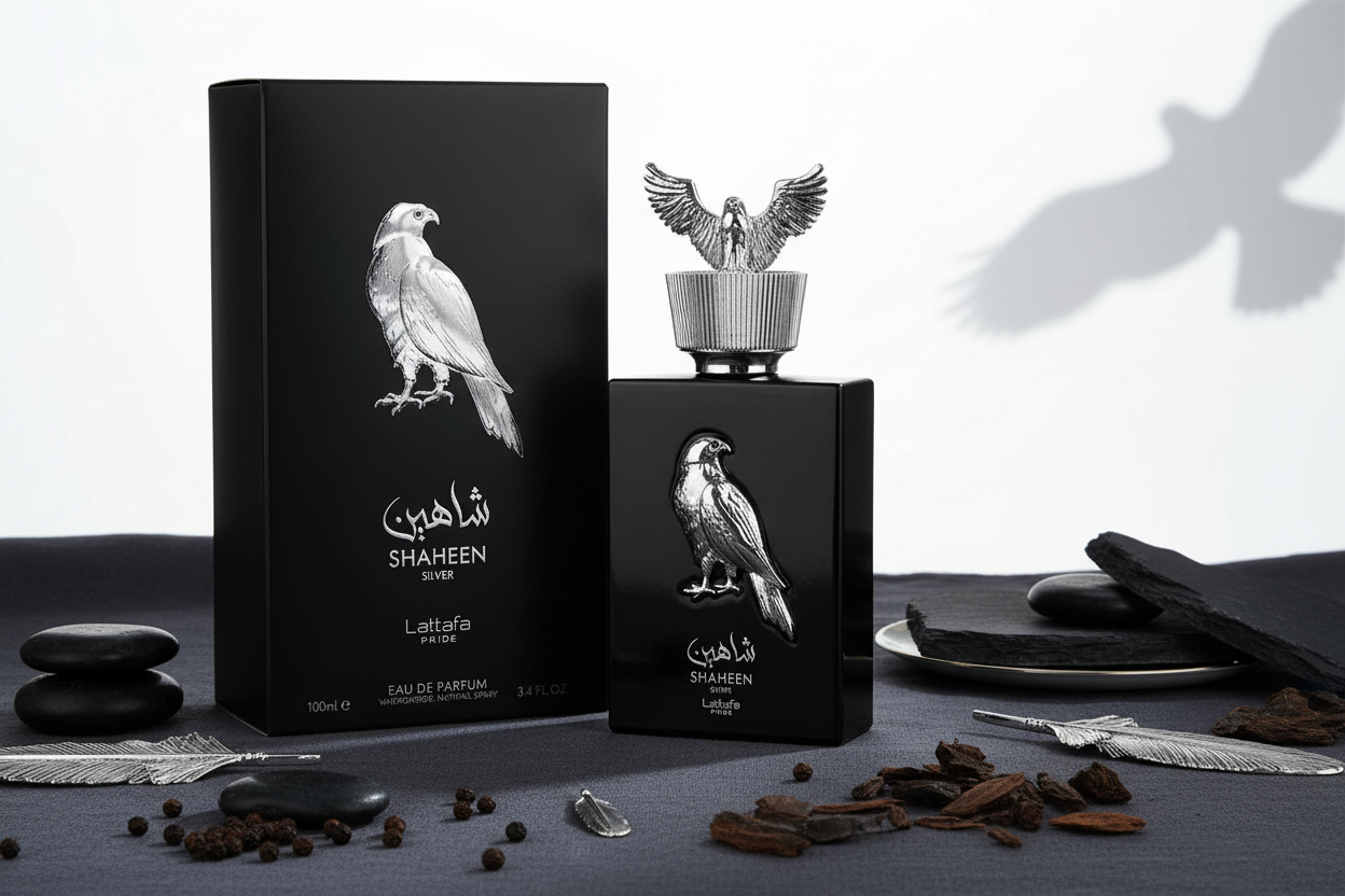 Perfume eau de parfum para hombre Lattafa Shaheen Silver 100 ml con frasco negro