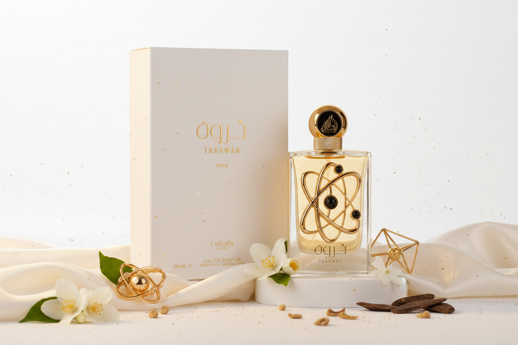 Perfume Lattafa Pride Tharwah Gold: frasco dorado con tapa metálica y caja beige.