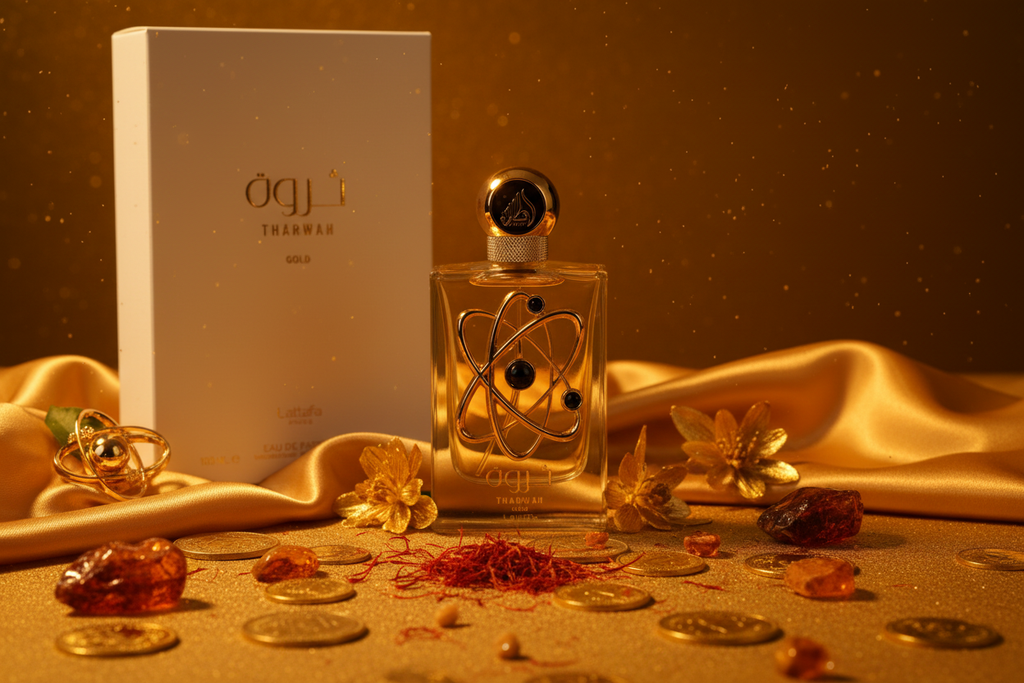 Caja y frasco del perfume Lattafa Tharwah Gold, vidrio ámbar, tapa negra
