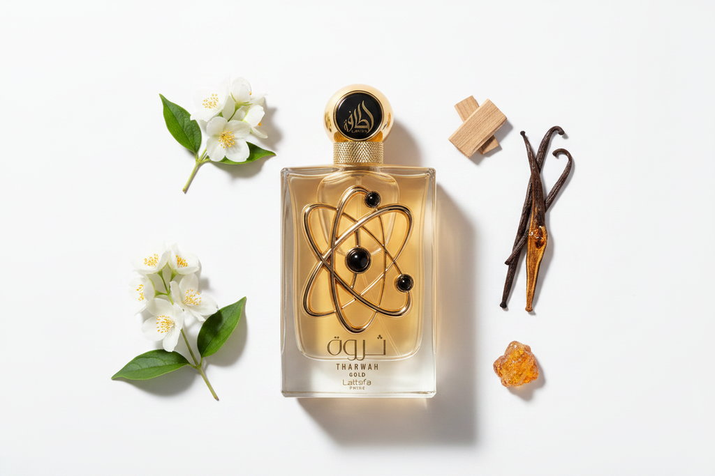 Lattafa Pride Tharwah Gold — Notes Flat Lay