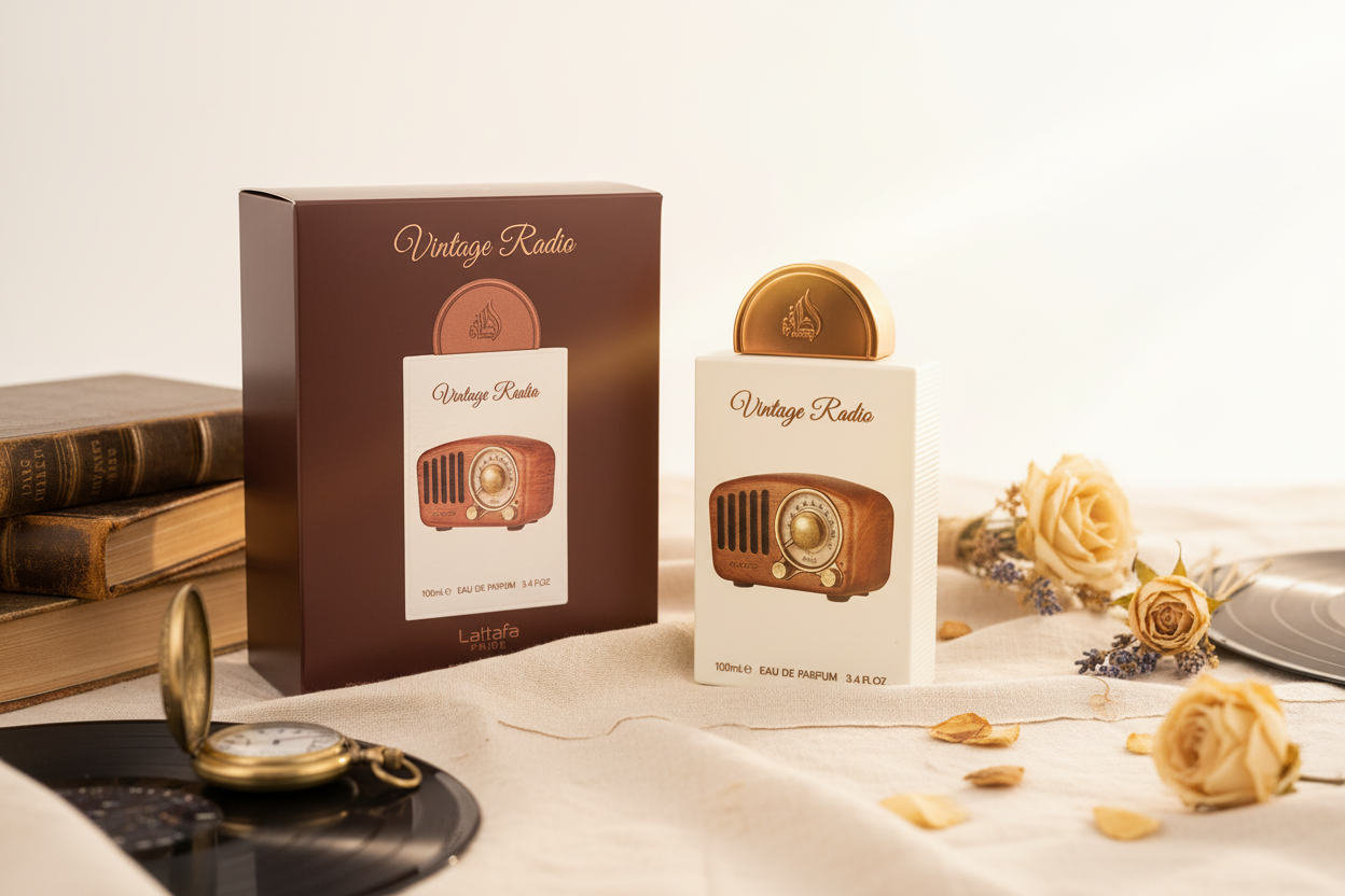 Perfume Eau de Parfum en caja y frasco con diseño de radio vintage