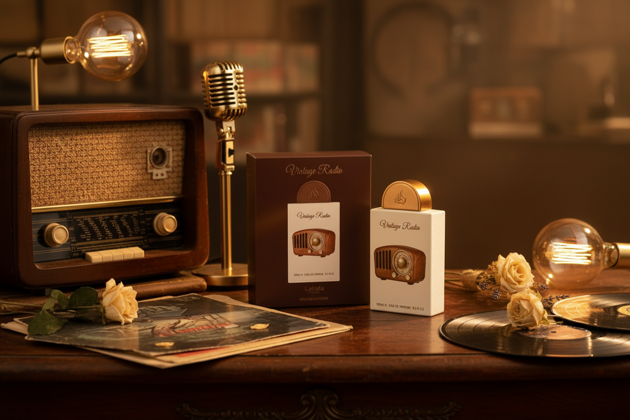 Estuche de Eau de Parfum Lattafa Vintage Radio, caja con diseño retro.