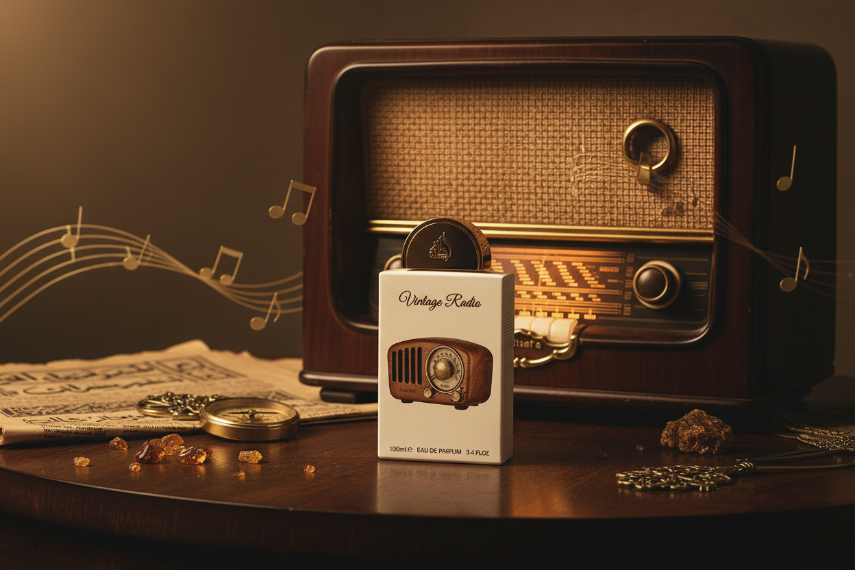Estuche de Eau de Parfum en caja pequeña con gráfico de radio vintage.
