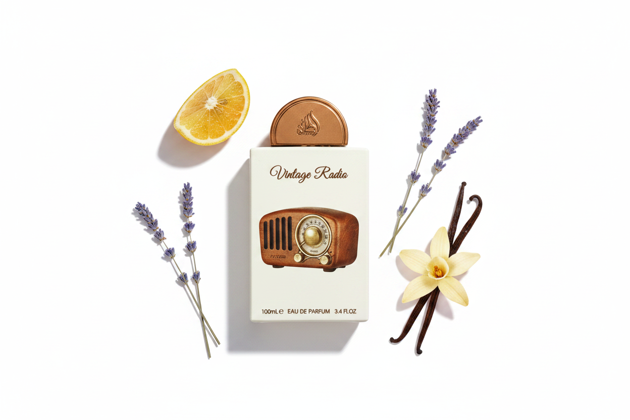 Lattafa Pride Vintage Radio — Notes Flat Lay