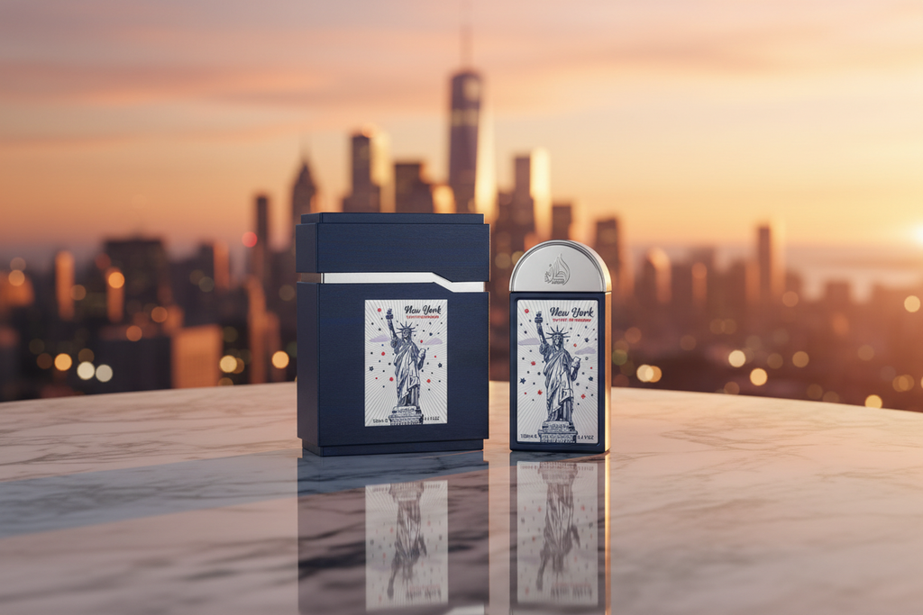 Frasco de perfume con tapa plateada y caja azul; diseño con Estatua de la Libertad.