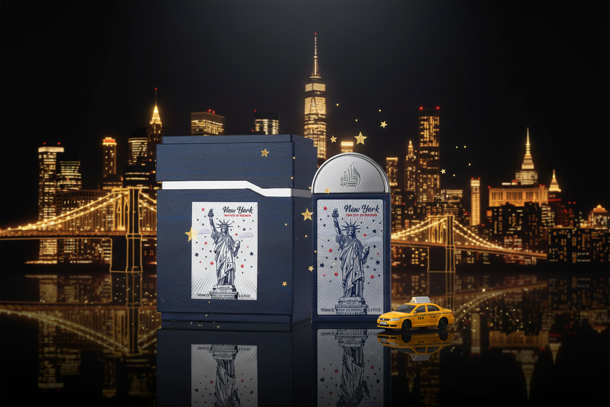Conjunto de perfume: caja azul y frasco con ilustración de Estatua de la Libertad.