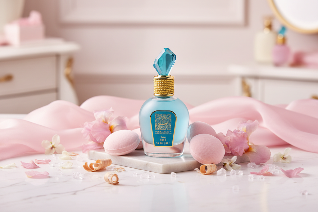 Eau de Parfum en frasco turquesa con tapa dorada facetada, 100 ml