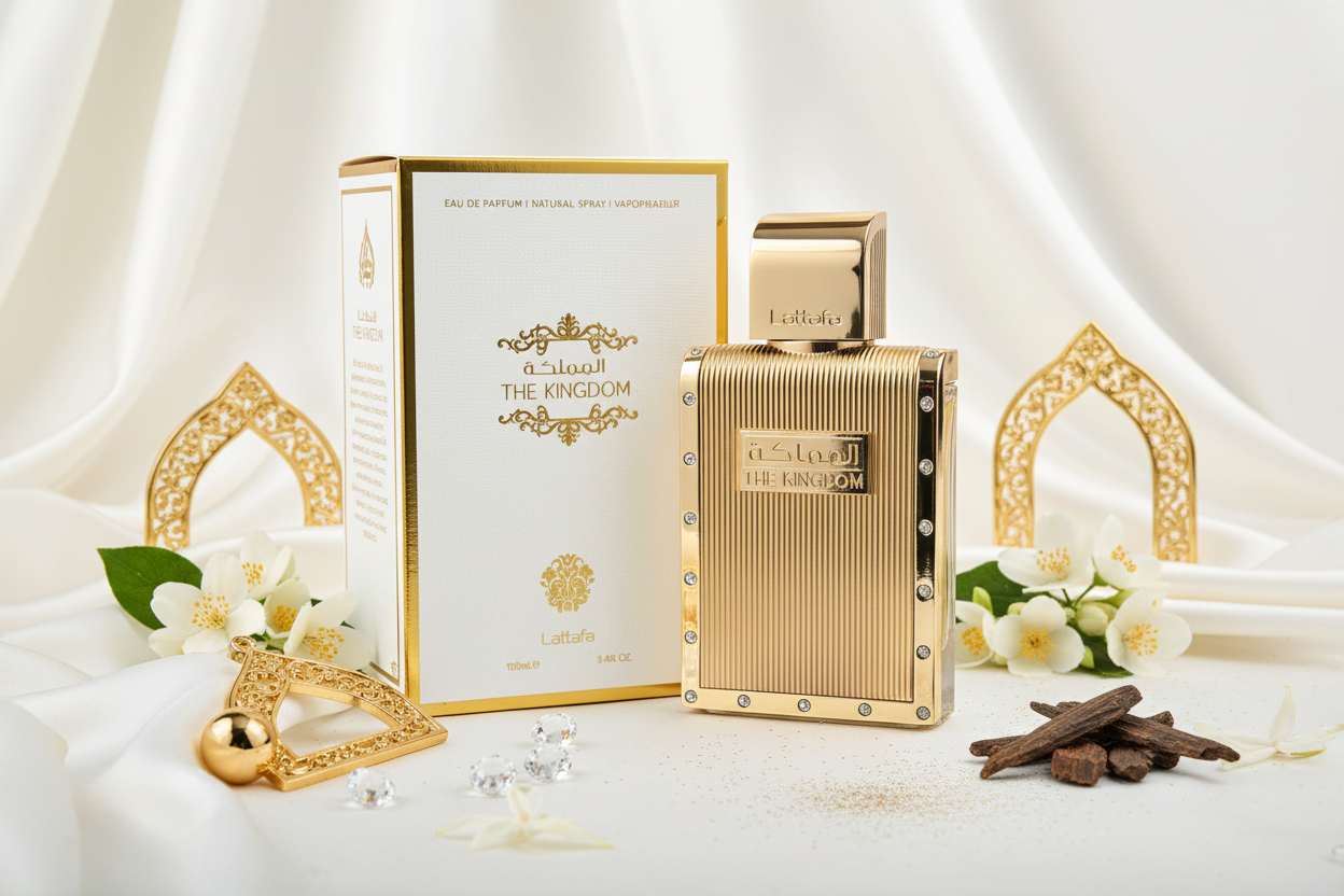 Botella dorada y caja beige de Lattafa The Kingdom Eau de Parfum con flores