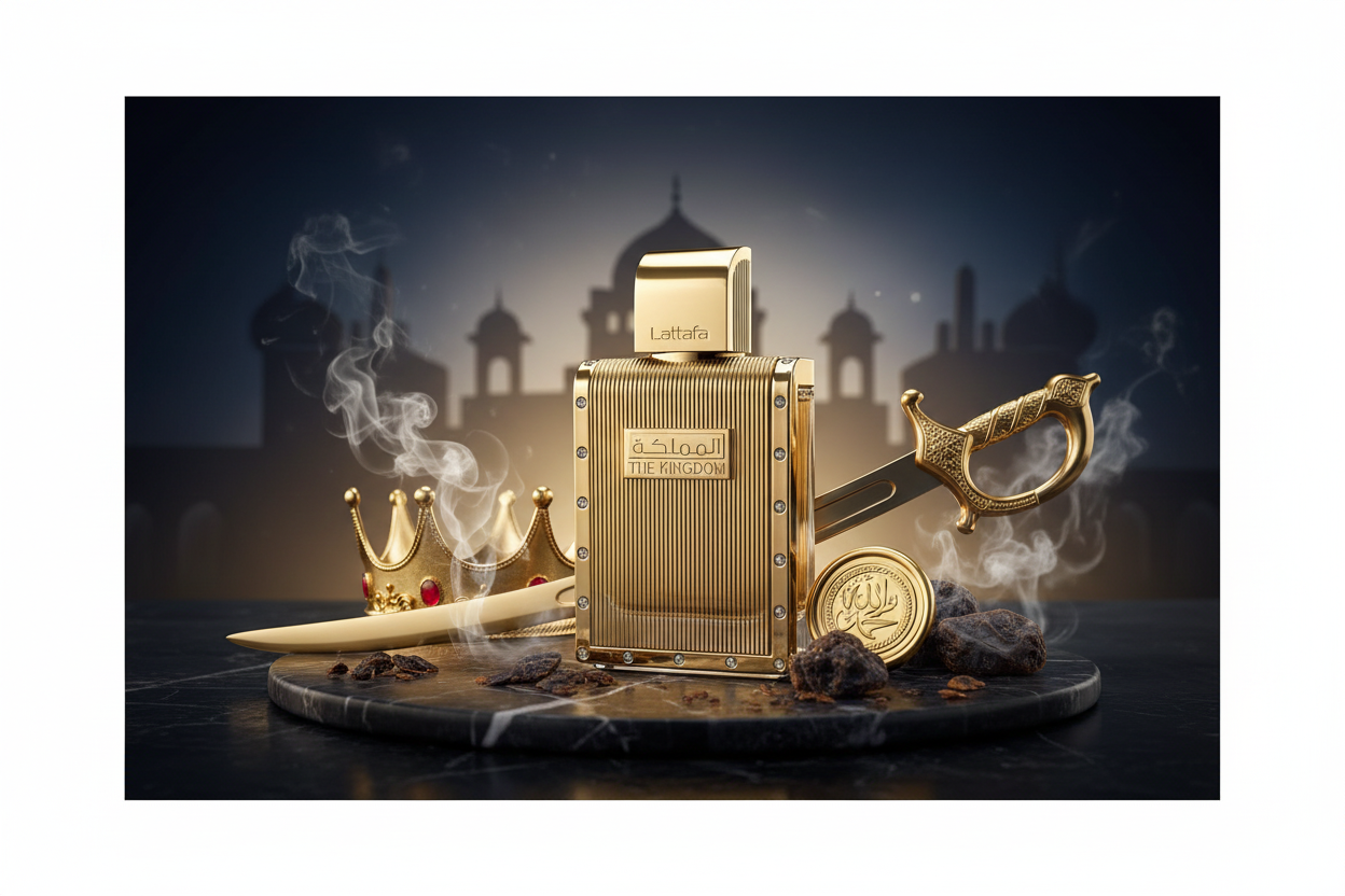 Botella de perfume Lattafa The Kingdom dorada sobre base negra con humo