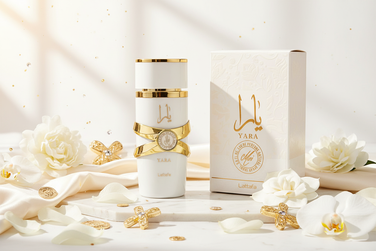 Perfume Lattafa Yara Moi en botella blanca con tapa dorada y caja beige