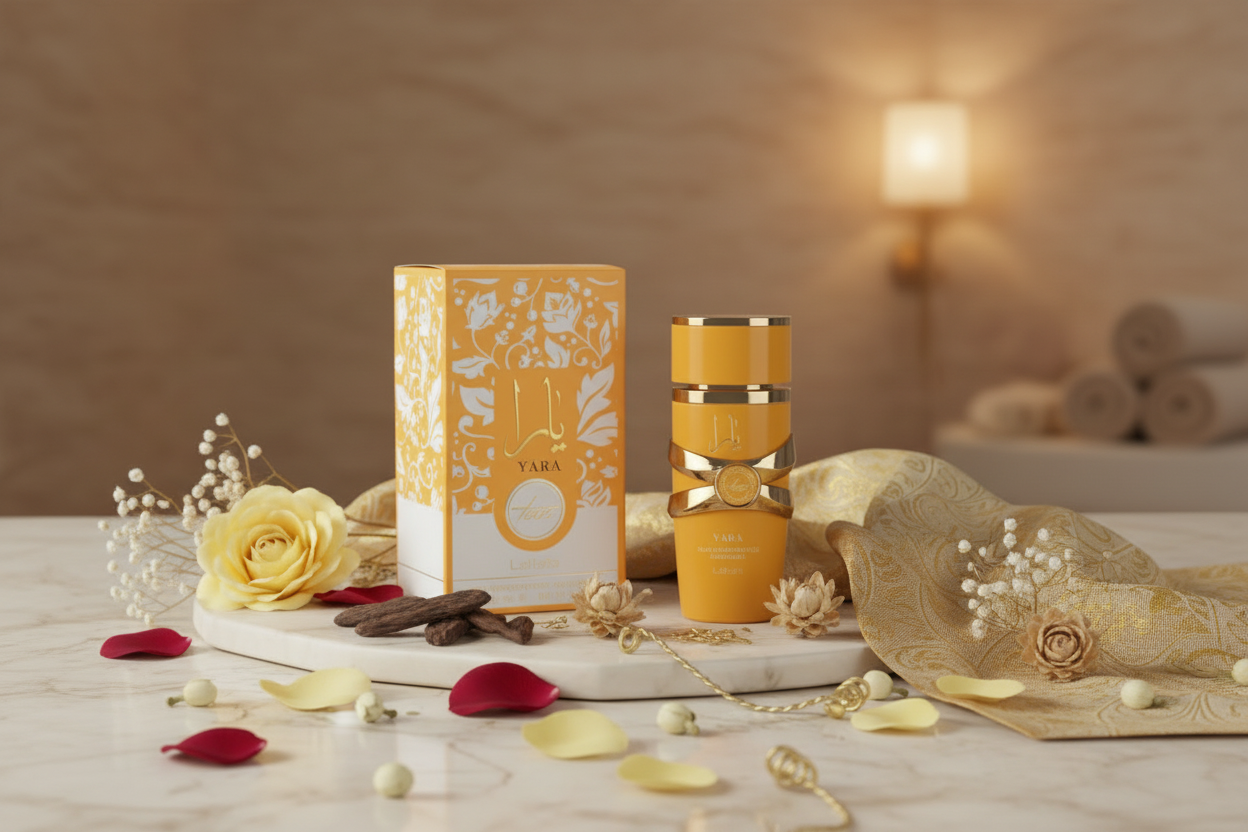 Aceite de perfume en frasco dorado y caja decorativa dorada