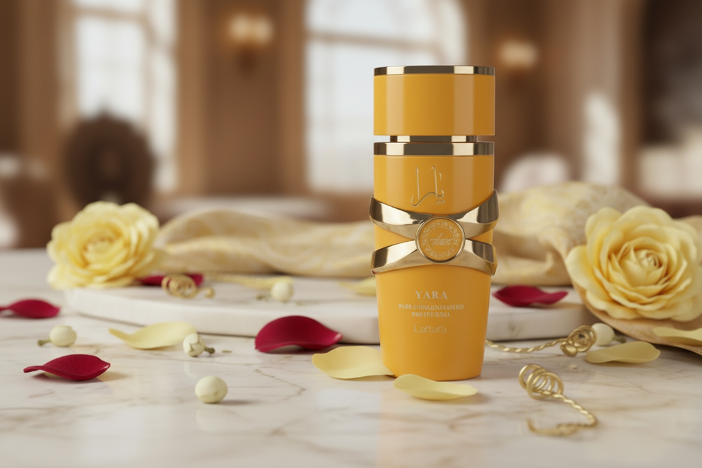 Aceite de perfume concentrado en frasco amarillo con tapa dorada y etiqueta