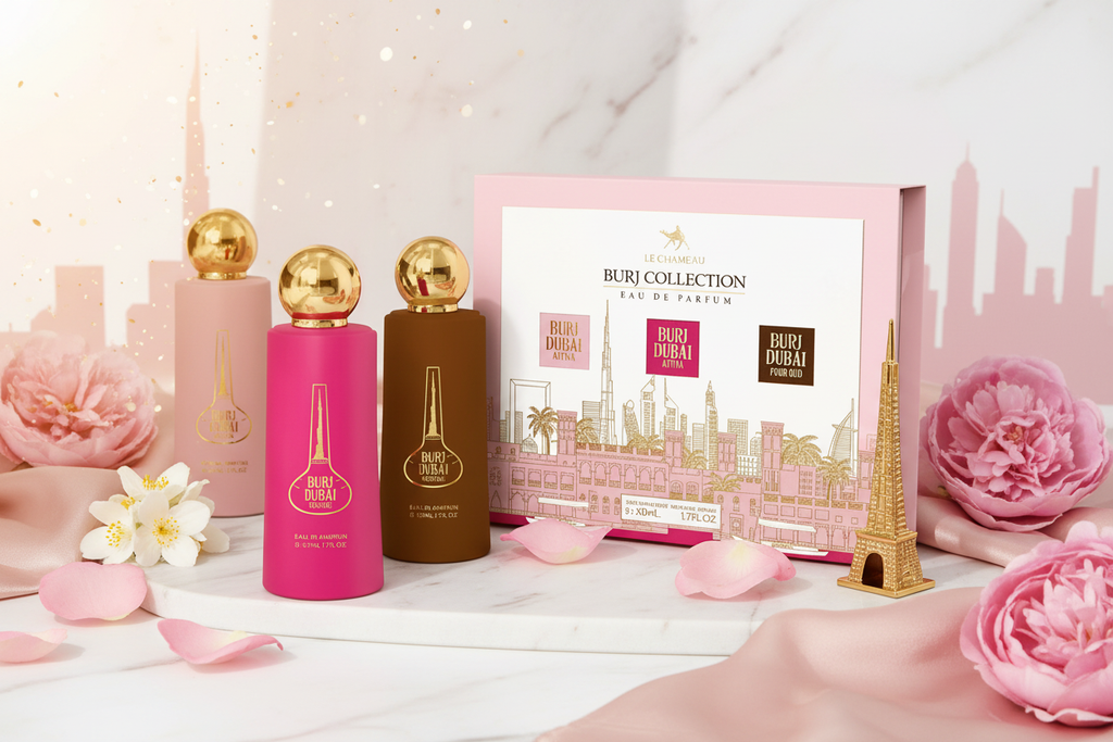 Set de regalo Burj Collection con 3 frascos de perfume de 50 ml y caja