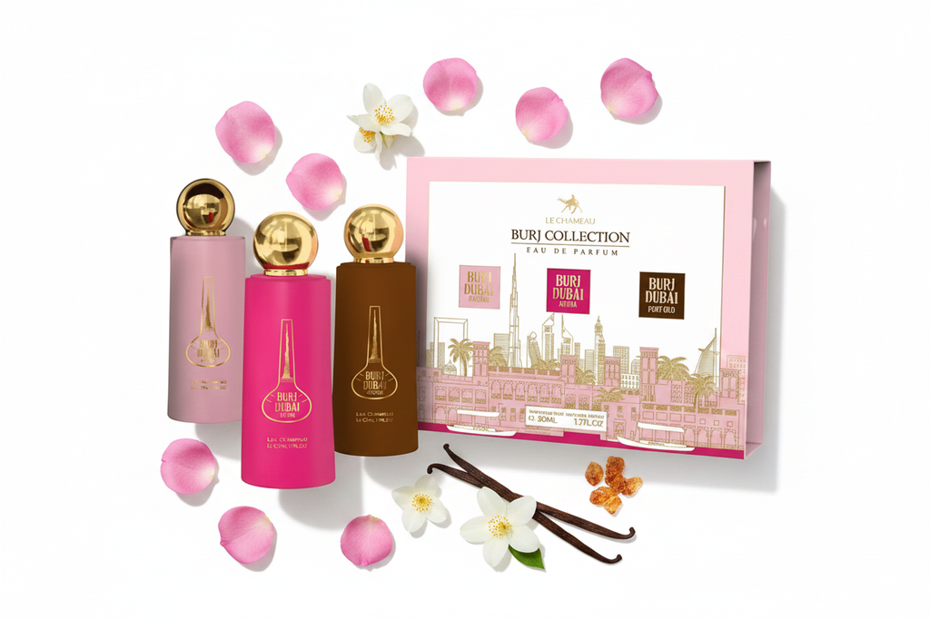 Set de regalo de fragancias Burj Collection: 3 botellas 50 ml y caja