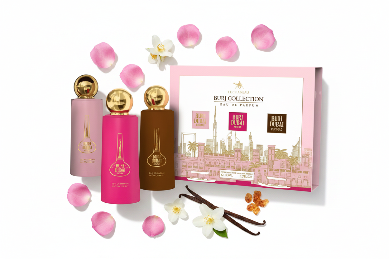 Set de regalo de fragancias Burj Collection: 3 botellas 50 ml y caja