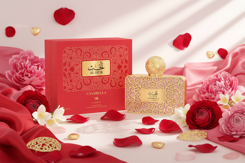 Estuche rojo y frasco dorado de perfume Al Hub, 100 ml